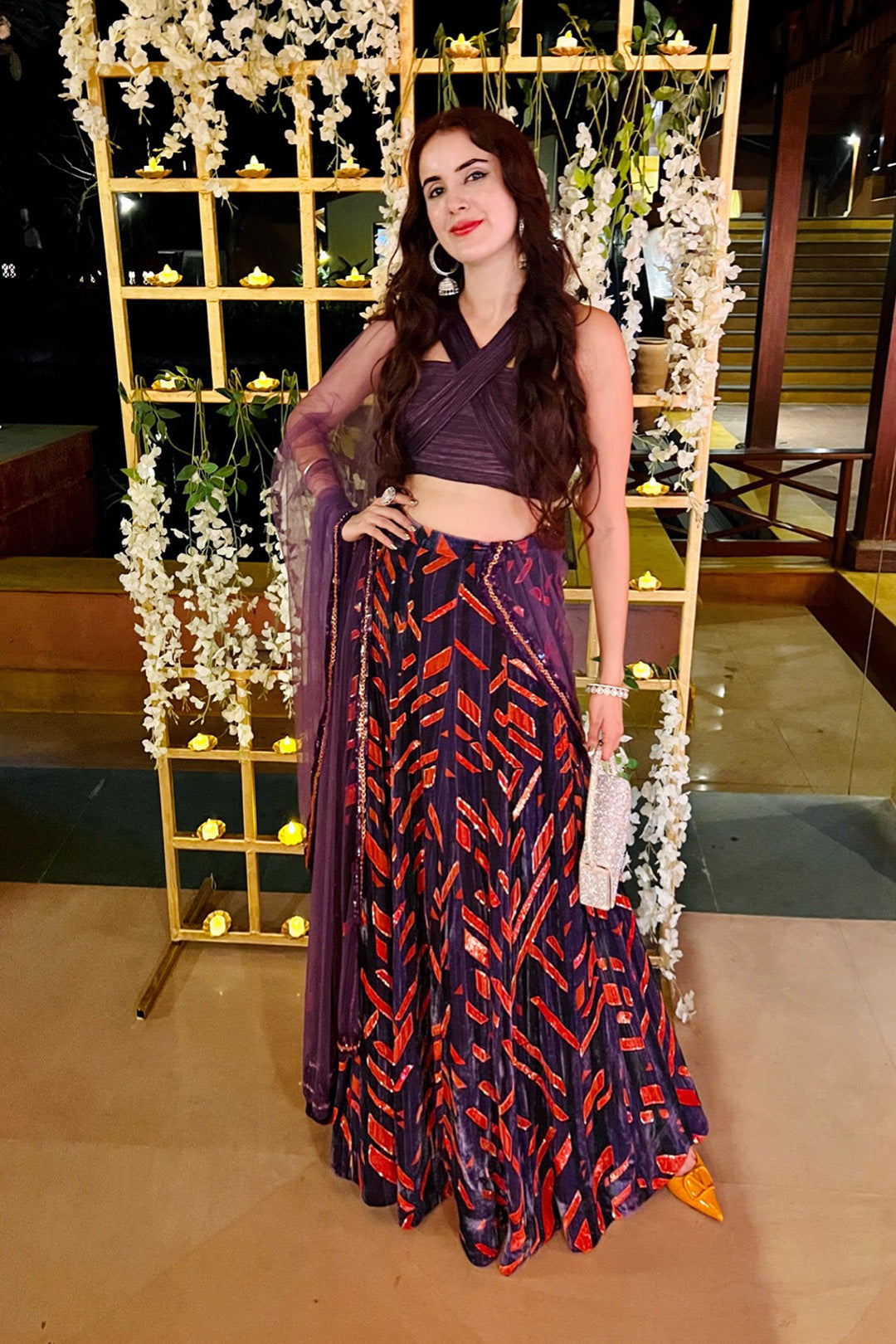 Jasleen Sabrawal in our Violet corded blouse with printed velvet Lehenga and Violet dupatta from Caged Kaleidoscope Collection