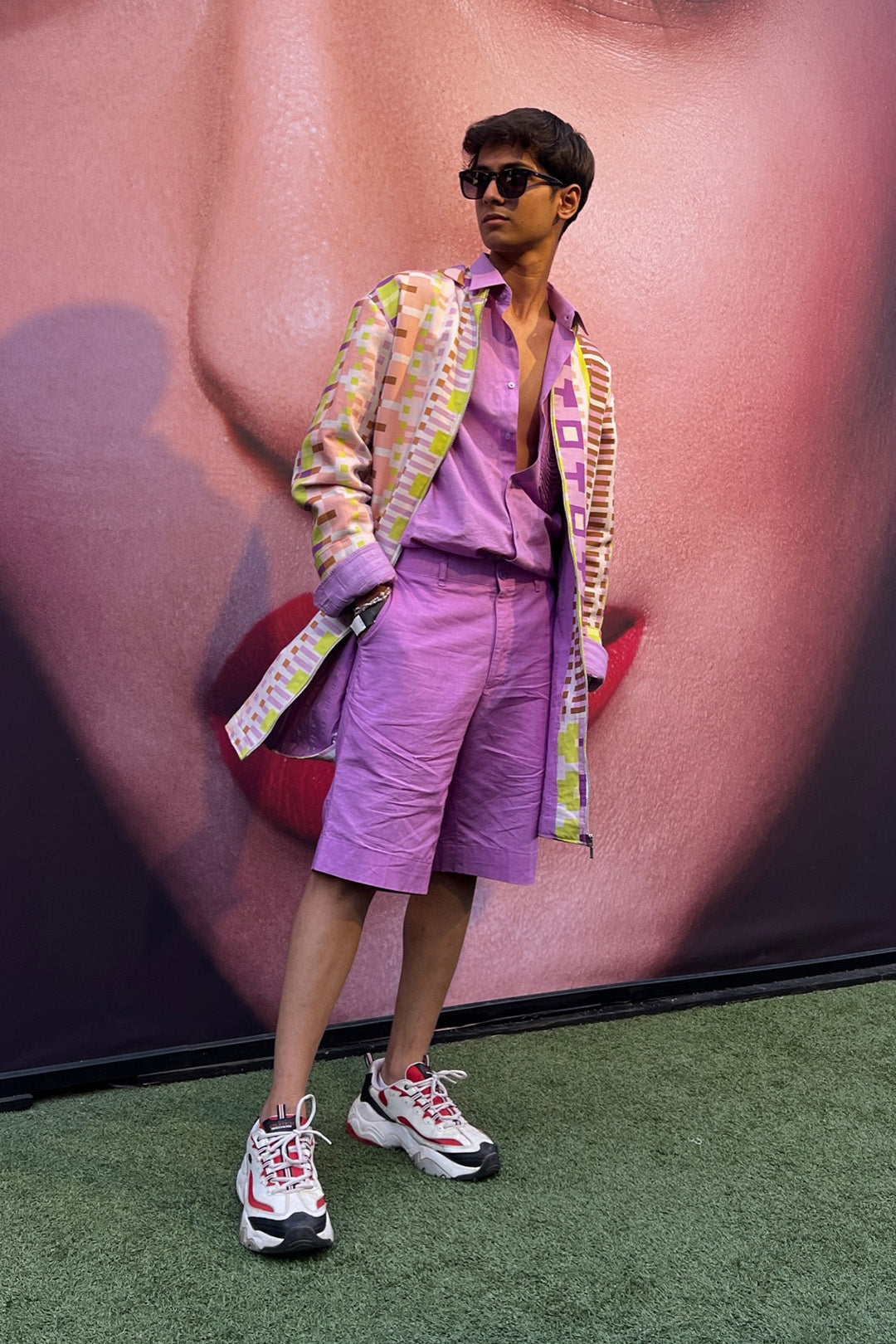 Sam Kothi in our Geometric Printed Long Hoodie paired with Lilac Linen Shirt with Cording Pocket detailing and Lilac Short