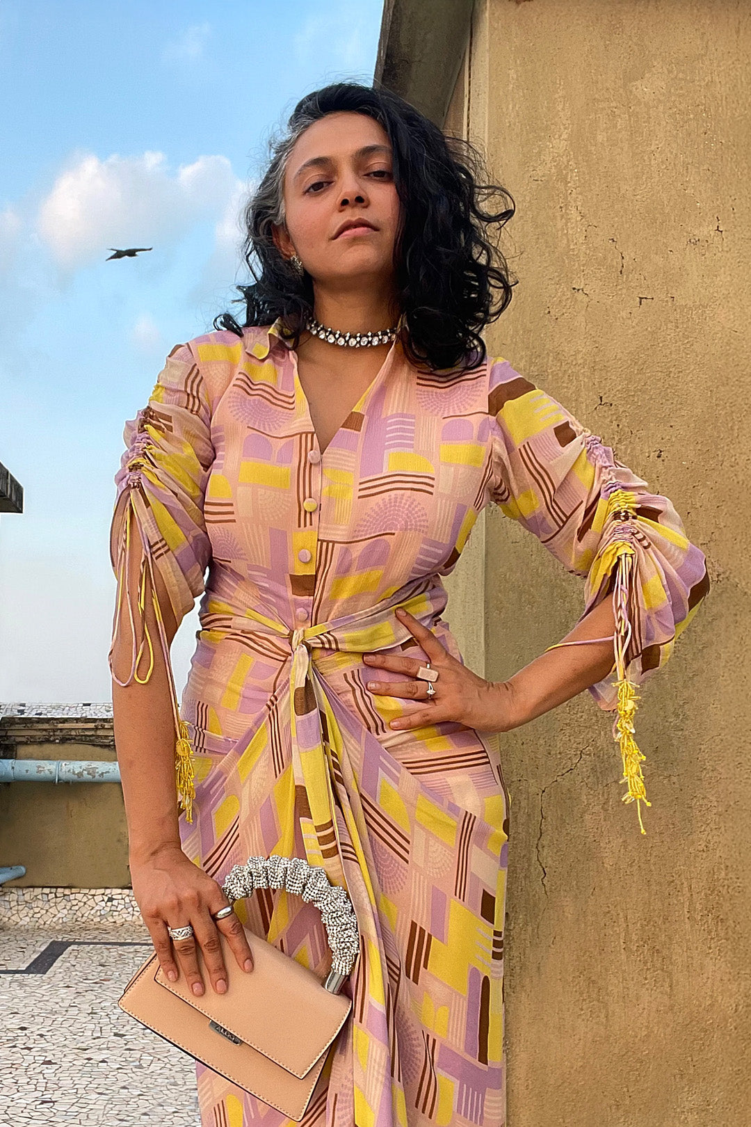 Isha Bhansali in Lemon Yellow Geometric Printed Draped Dress from Magical Wilderness Collection