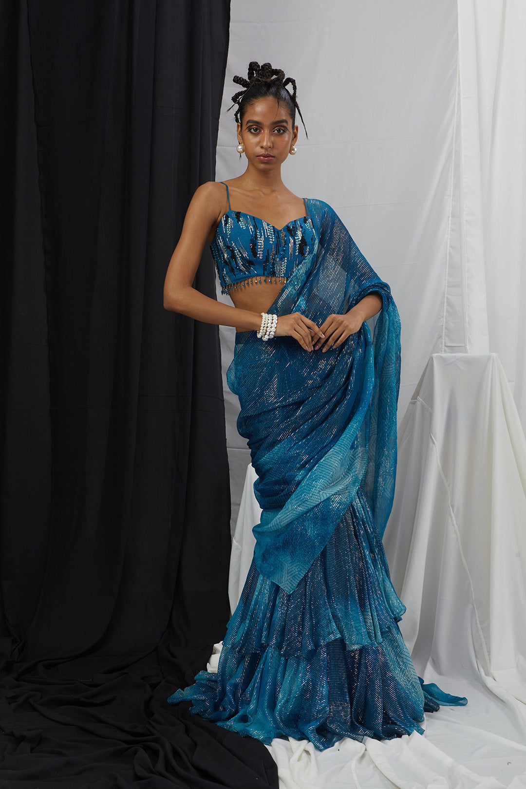 Pre Draped Ruffle Saree with Embriodered Blouse Set