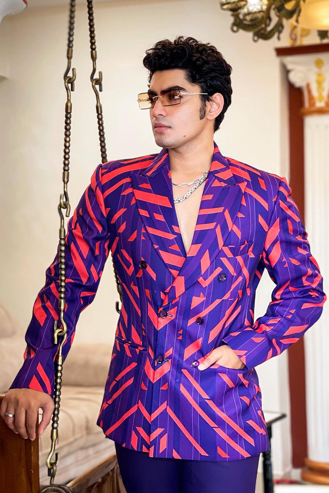 Soboguys In Nirmooha's Violet and orange Blazer and Pants set From Caged Kaleidoscope Collection