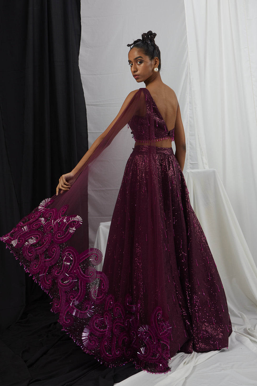 Embellished One Shoulder Lehenga Set with Attatched Dupatta