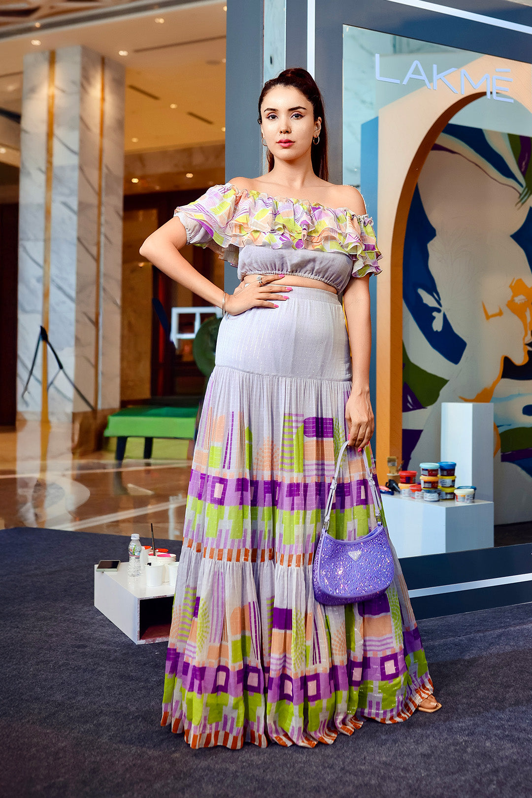 Jasleen Sabrawal in Geometric Printed Off Shoulder Crop Top and Printed Skirt from Magical Wilderness Collection
