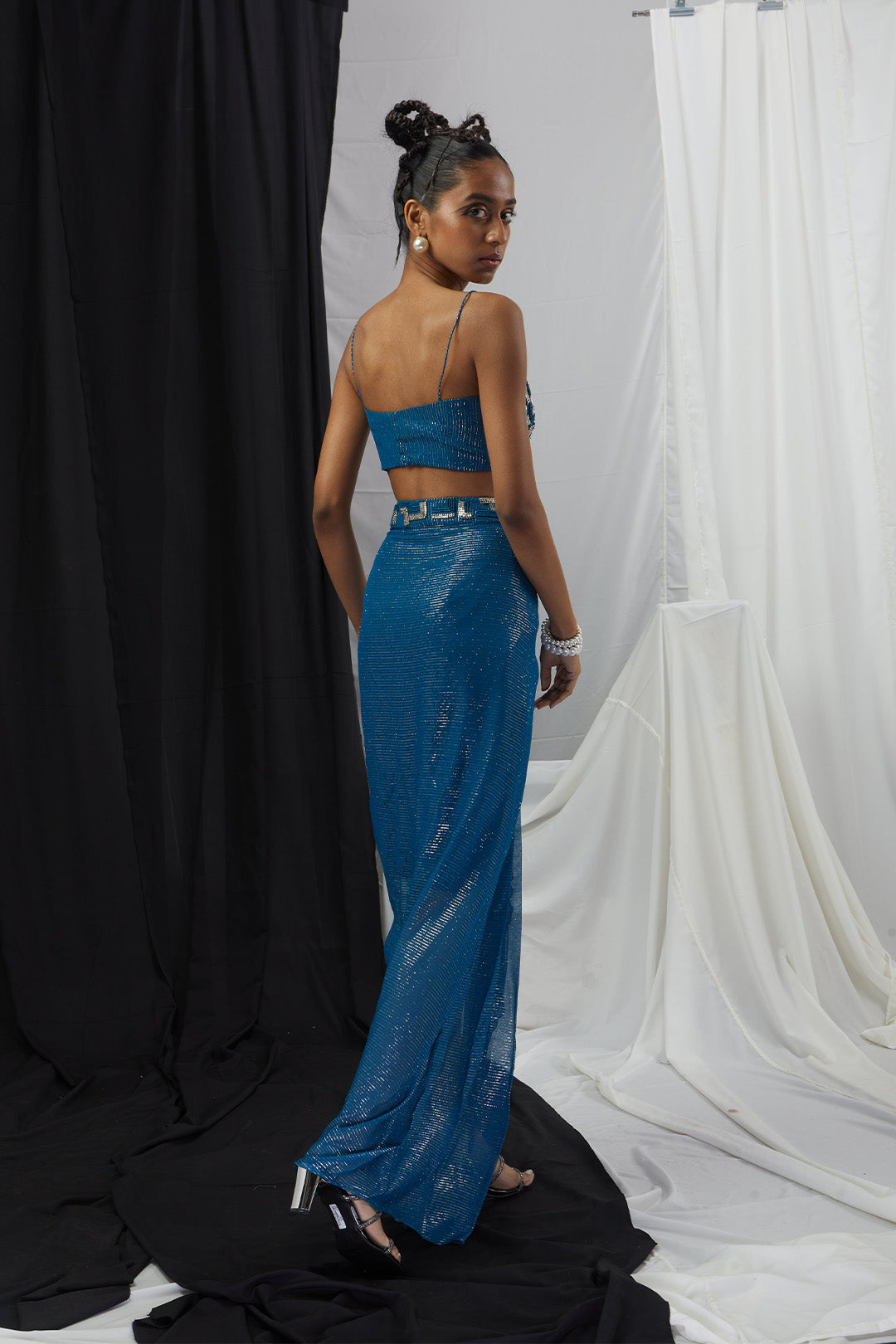 Embrioderd Blouse with Draped Skirt and Printed Cape Set