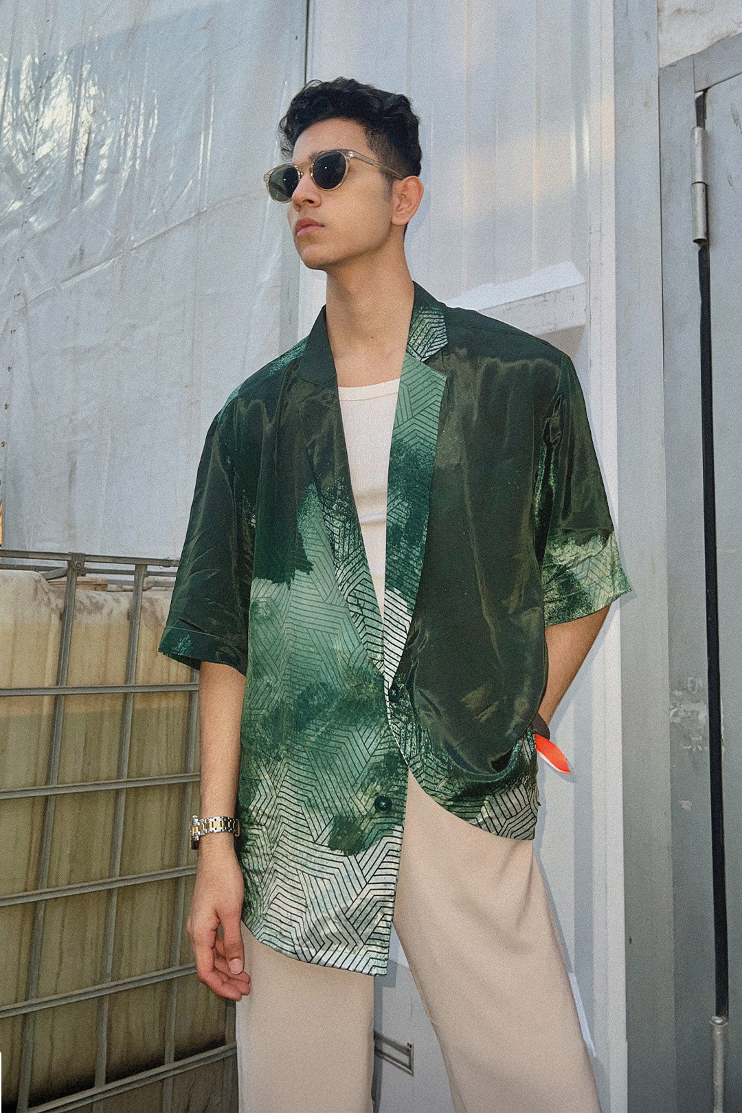 Jeet Tailor in our Emerald Green Bloched Print Haiwiian Shirt from Matrix Collection