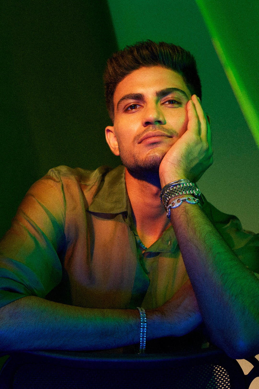 Shubman Gill in Green Organza Shirt & Brown Micro Pants from Ancienne