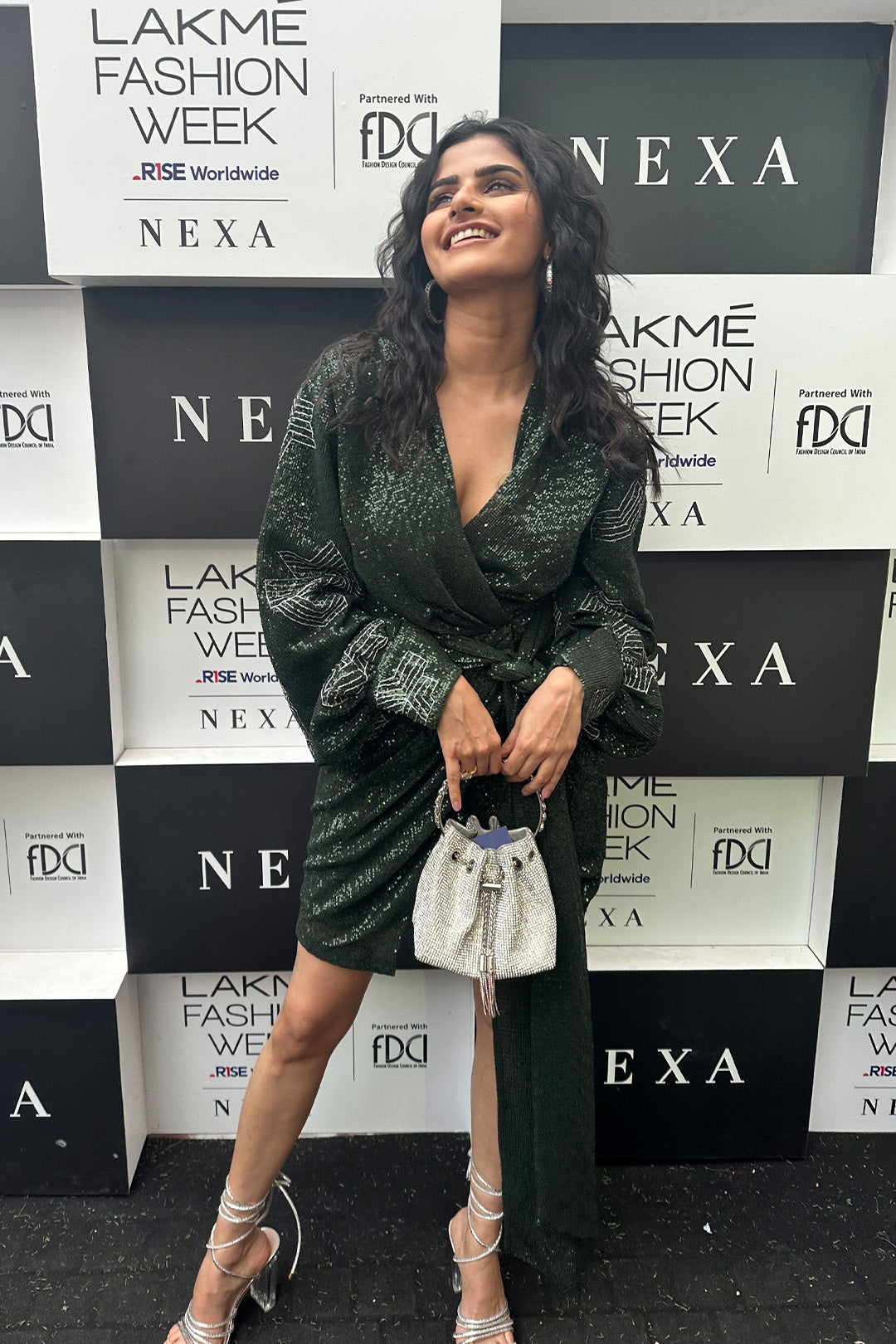 Avantika Dassani in our Emerald Sequin Mini Dress With Puffed & Hand Embroidred Sleeves and Emerald Shimmer Belt  from Matrix Collection