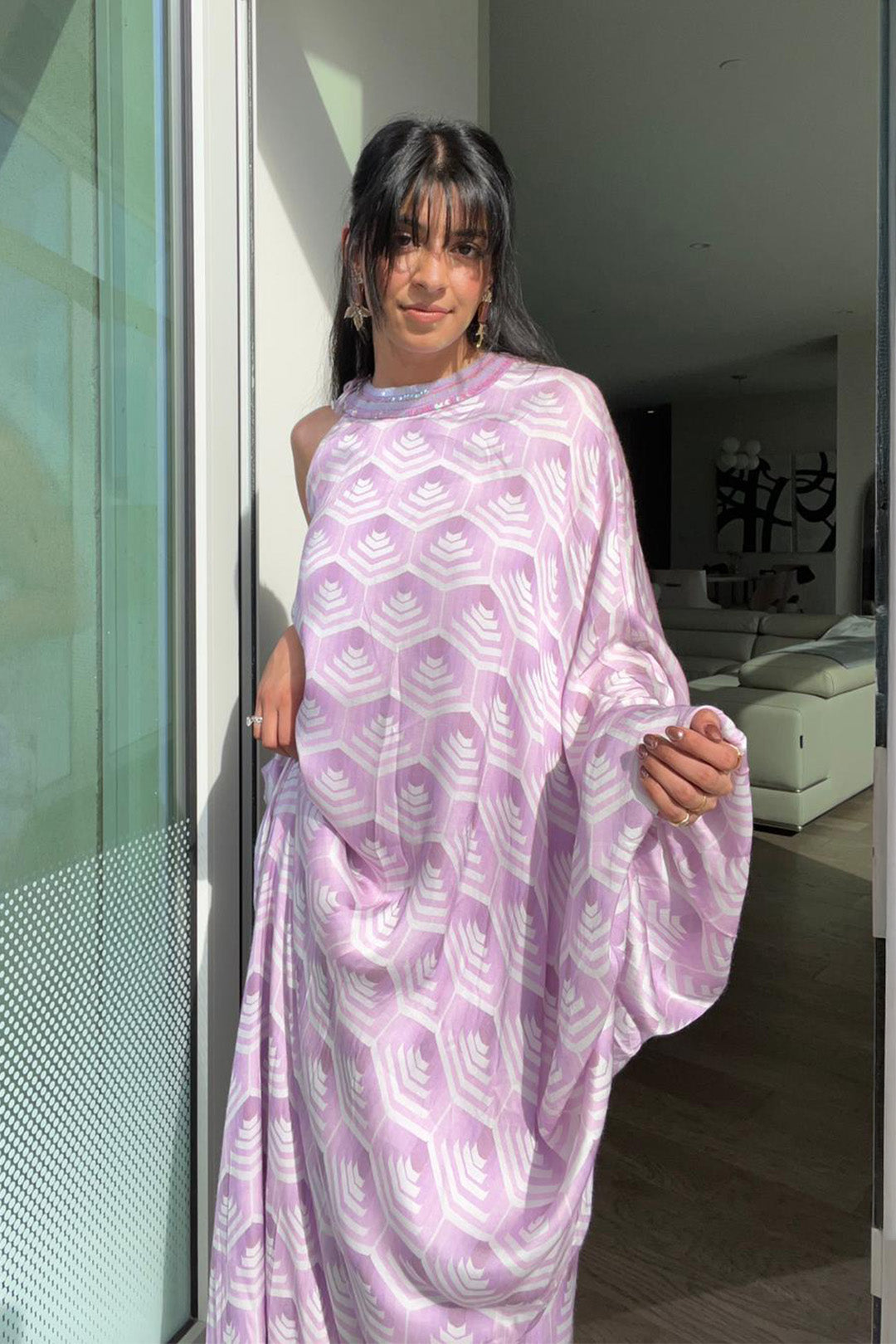 Madiha in One-shouldered Hand-embroidered Printed Kaftan from Retro Spection Collection