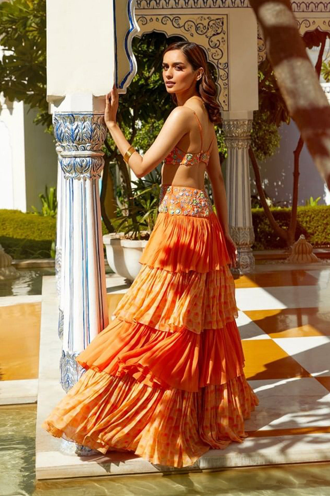 Manushi Chhillar in Embroidered Bralet and Layered Georgette Skirt with Embroidered Yoke from Retro Spection Collection