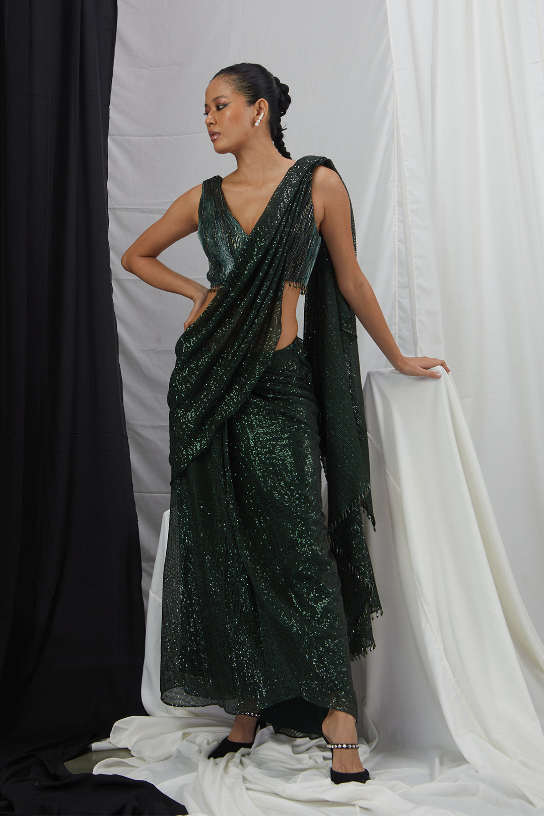 Pre Draped Saree with Ruched Blouse