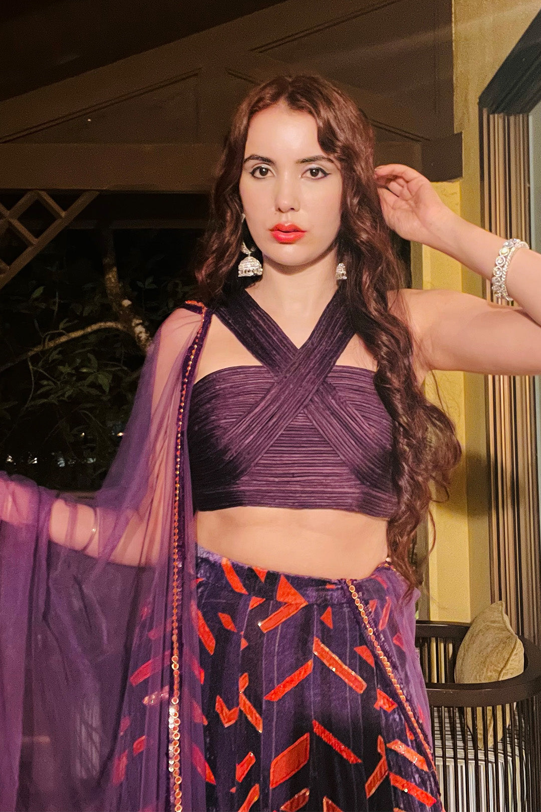 Jasleen Sabrawal in our Violet corded blouse with printed velvet Lehenga and Violet dupatta from Caged Kaleidoscope Collection
