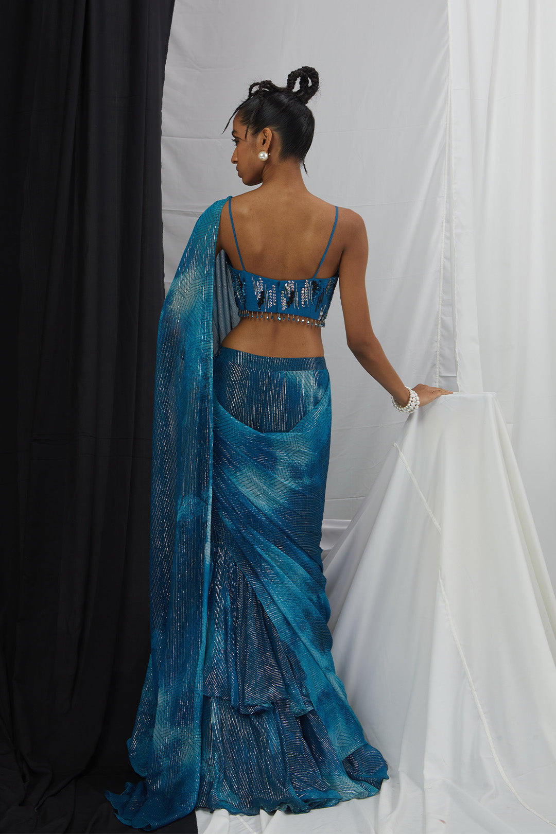 Pre Draped Ruffle Saree with Embriodered Blouse Set