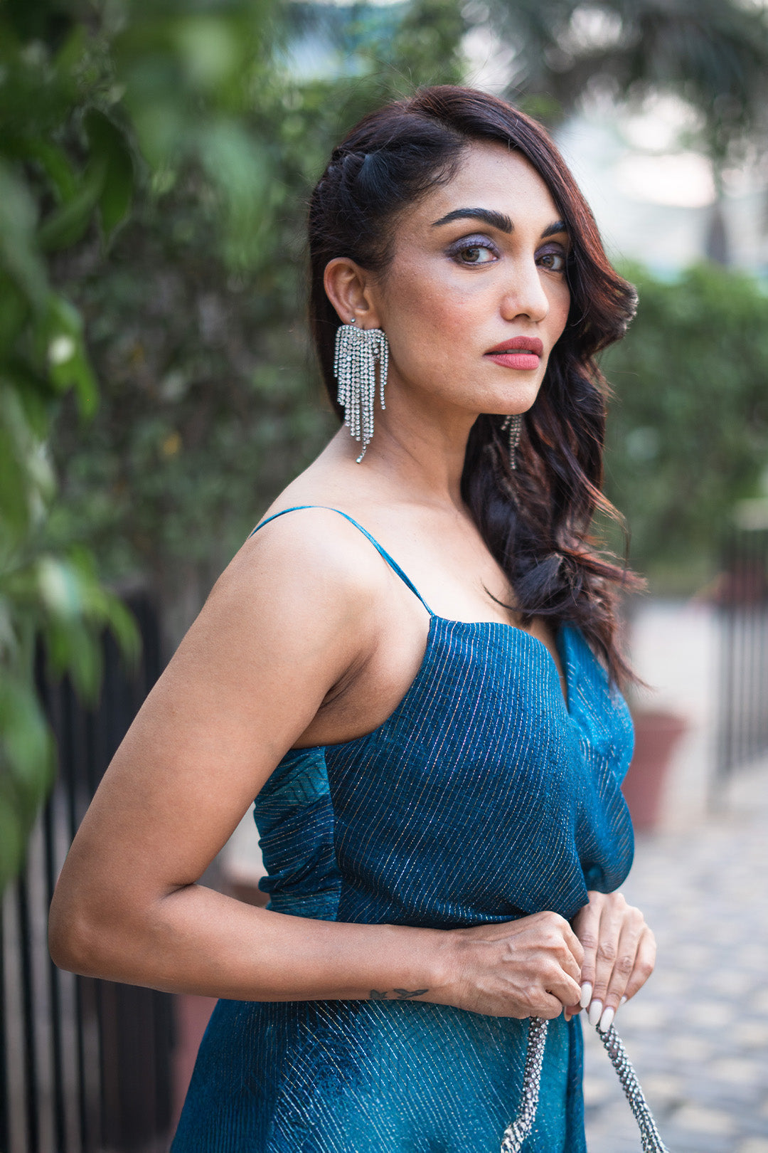 Shirma Rai in our Jade Blue Blotched Printed Lurex Gown With Cowl Draping from Matrix Collection