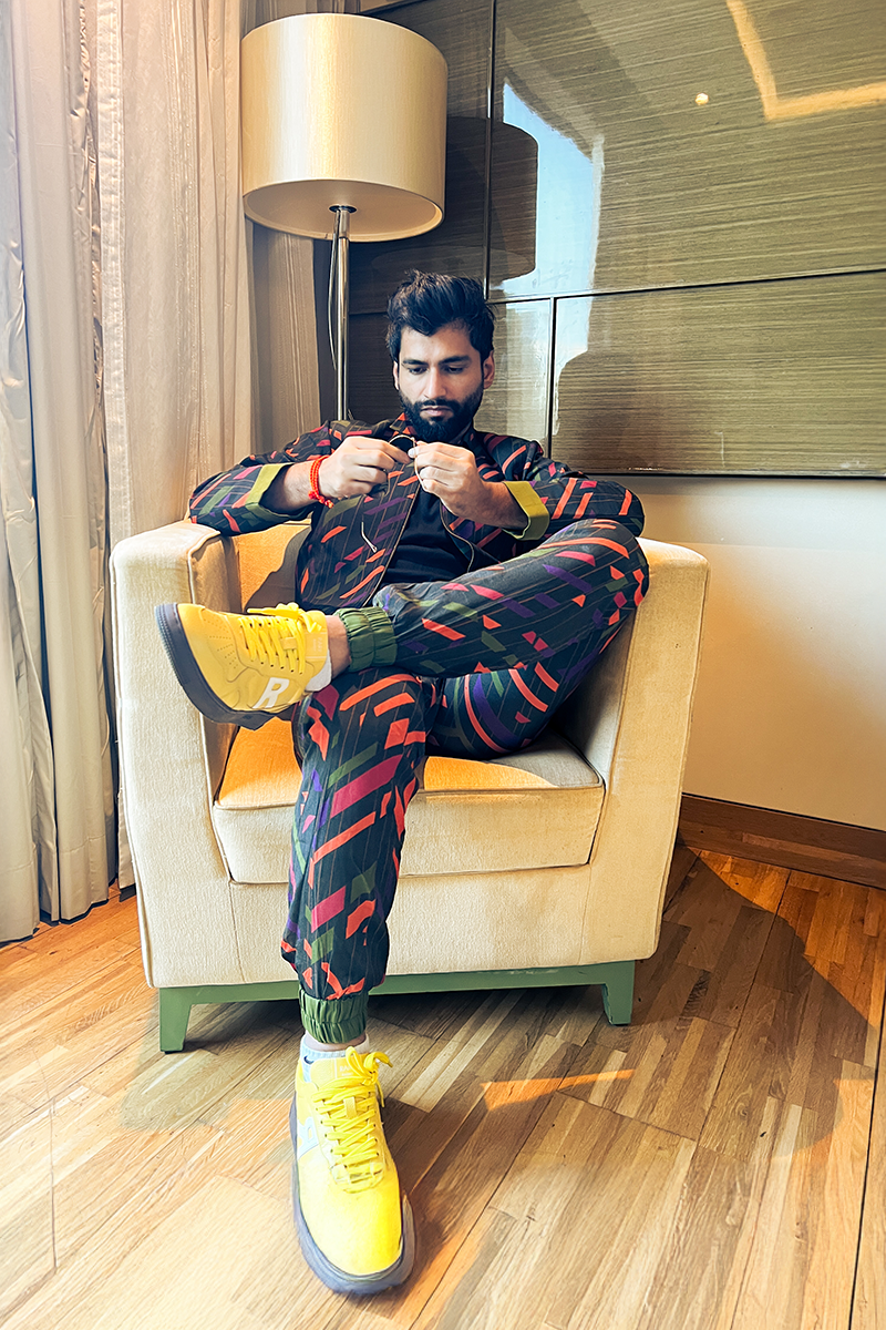 Harsh Gujral in Multi-Color Bomber Jacket and Pants from Caged Kaleidoscope