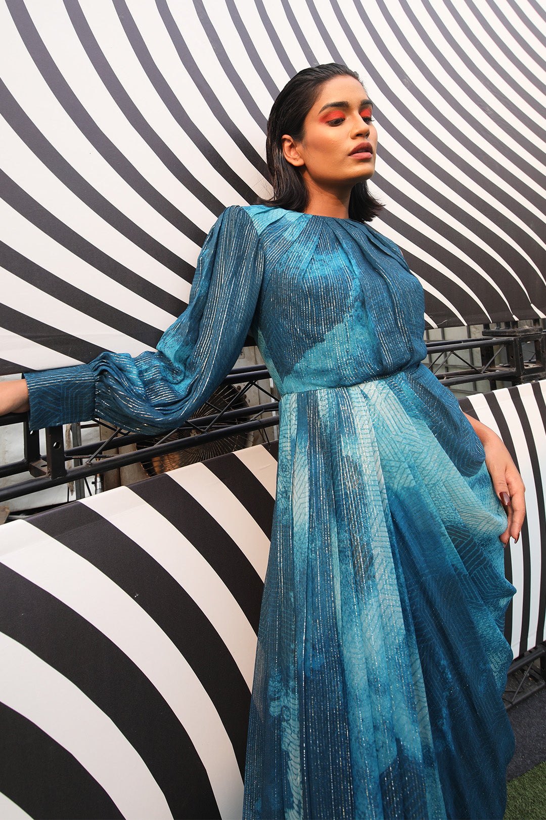 Pryanca Talukda in our Jade Blue Blotched Printed Drape Gown With One Shoulder from Matrix Collection
