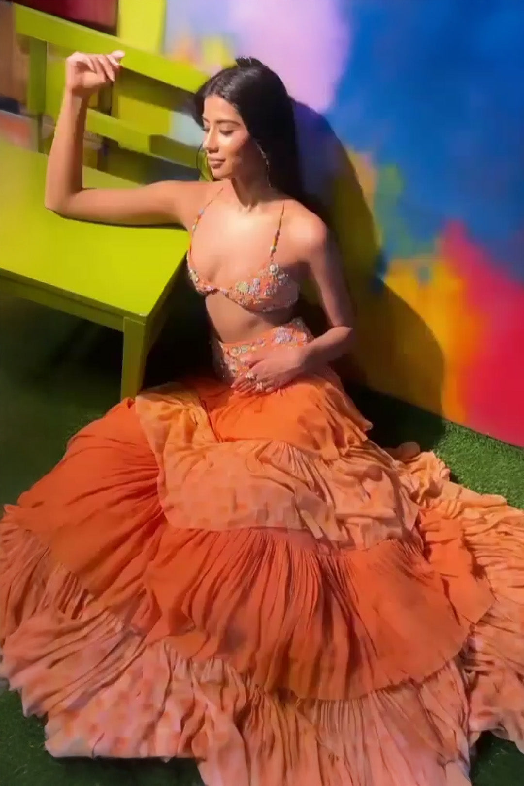 Ritika Khatnani in Nirmooha's Embroidered Bralet and Layered Georgette Skirt| Retro-sepction