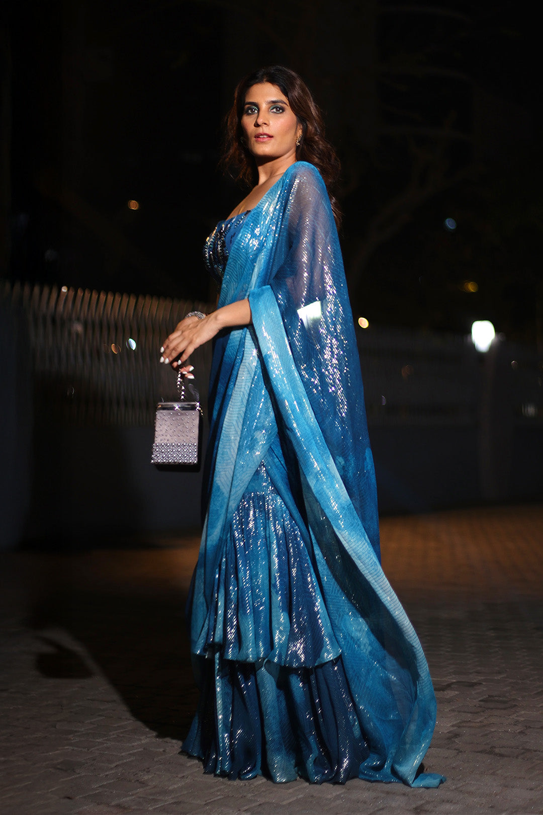 Kirshna Talsara in our Pre Draped Jade Blue Blotch Printed Ruffle Saree with Hand Embroidered Blouse from Matrix Ethnic Collection