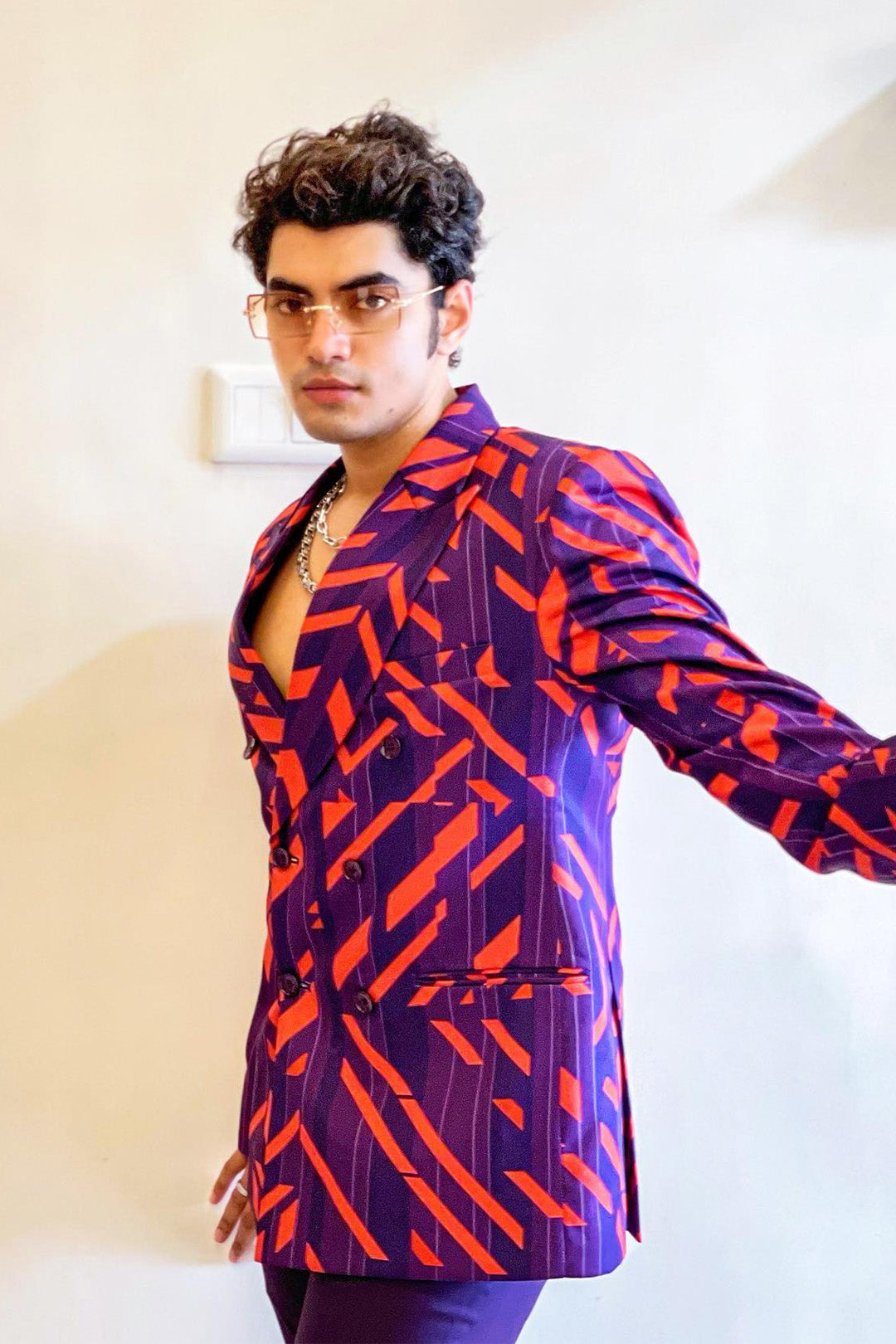 Soboguys In Nirmooha's Violet and orange Blazer and Pants set From Caged Kaleidoscope Collection