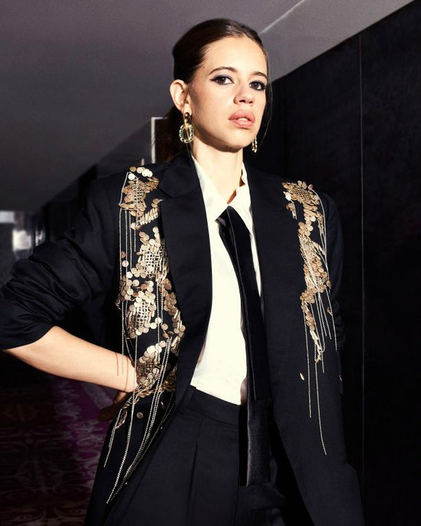 Kalki in our Carbon Hand Embriodered Blazer paired with Carbon Flared Pants