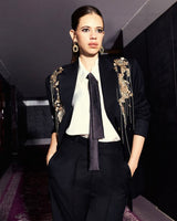 Kalki in our Carbon Hand Embriodered Blazer paired with Carbon Flared Pants
