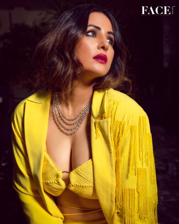 Hina Khan in our Lemon Yellow Oversized Blazer with Hand embroidered Tassels Fringes, Barlet and Pants from Magical Wilderness Collection