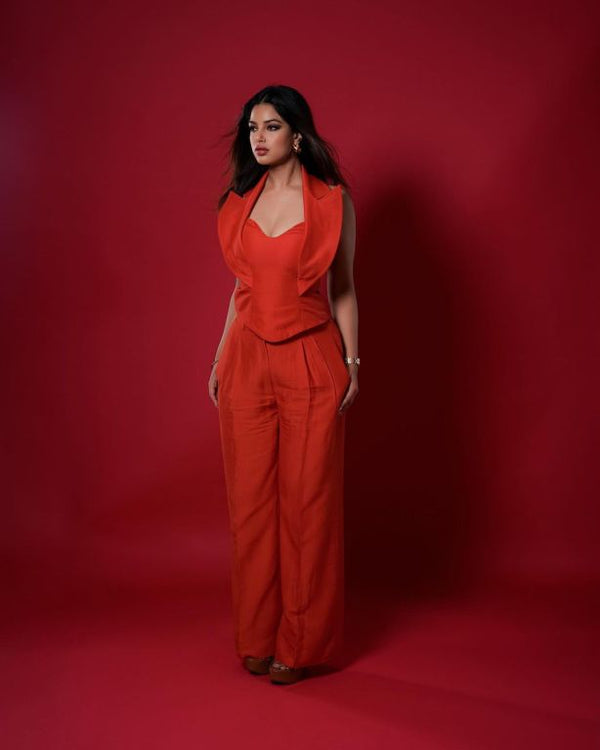Harnaaz Sindhu in our Vermillion Halter Neck Corset Top with Lapel and Collar detailing Paired with Wide leg Pleated Pants from our Aham Asim Collection