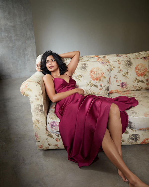 Aishwarya Lekshmi in our Ruby Satin Slip Gown with Cross Back from Matrix Collection