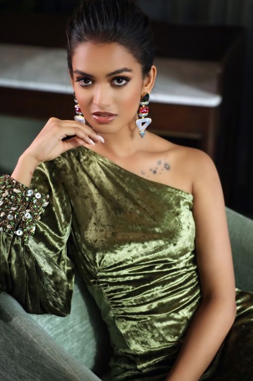Pragnya Ayyagari in our Green Drape Dress with embroidered cuff from Caged Kalidescope Collection