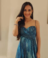 Tara Sharma Saluja in Nirmooha's Jade Blue Printed Drape Gown With Sweet Heart Neck & Slit from Matrix Collection