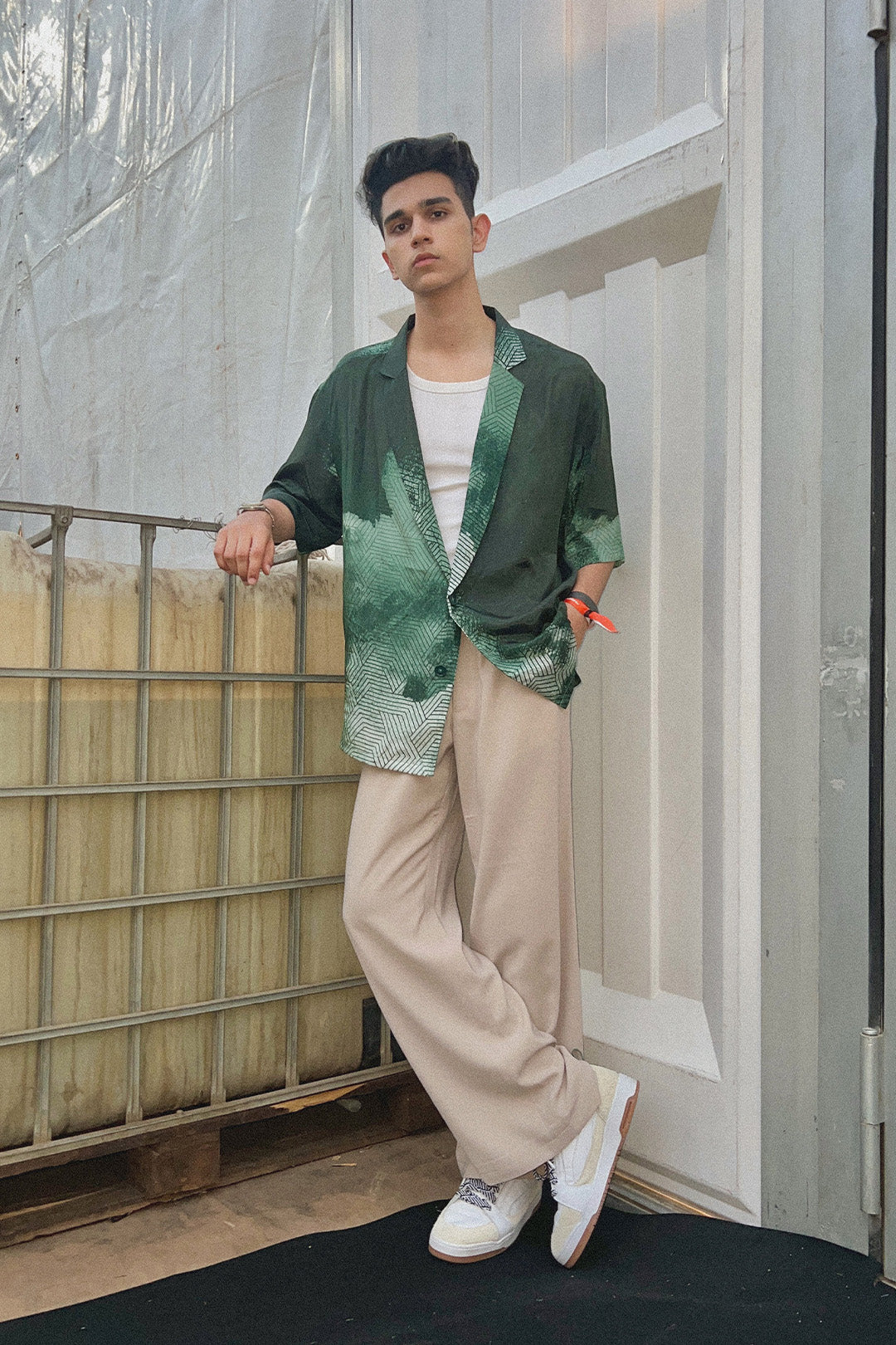 Jeet Tailor in our Emerald Green Bloched Print Haiwiian Shirt from Matrix Collection