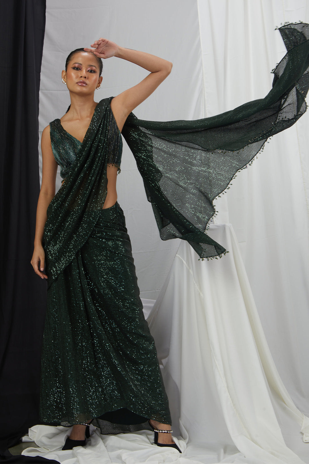 Pre Draped Saree with Ruched Blouse