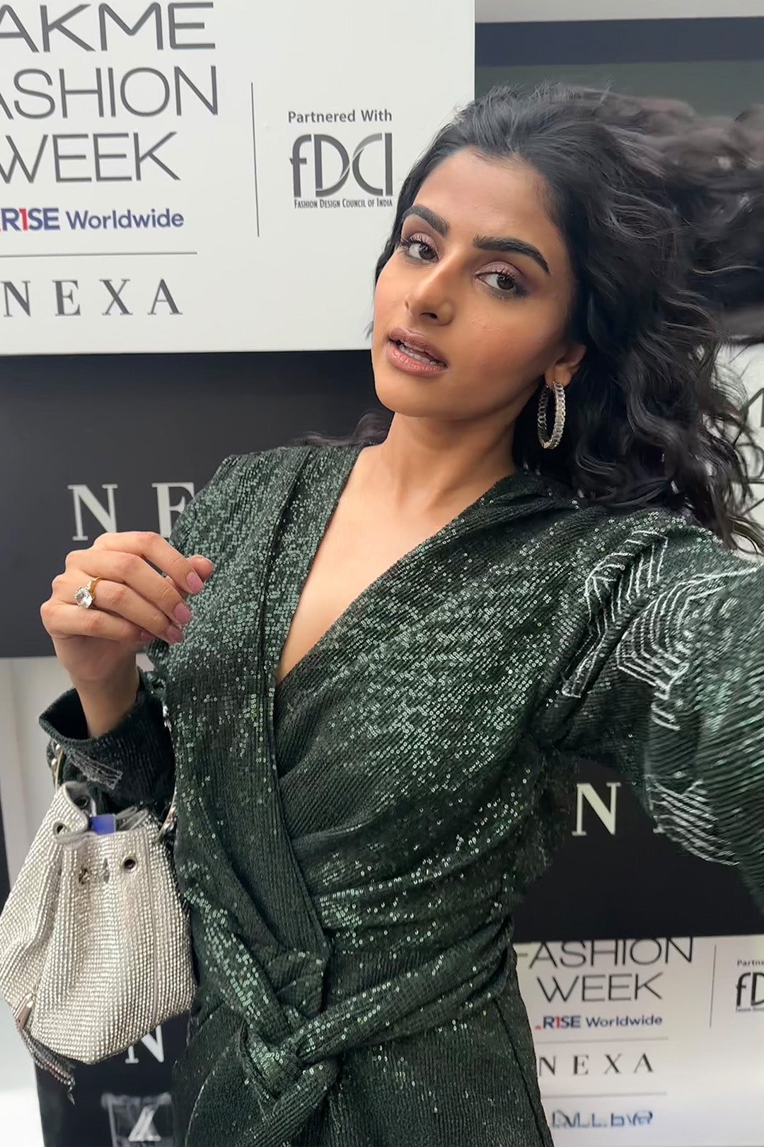 Avantika Dassani in our Emerald Sequin Mini Dress With Puffed & Hand Embroidred Sleeves and Emerald Shimmer Belt  from Matrix Collection
