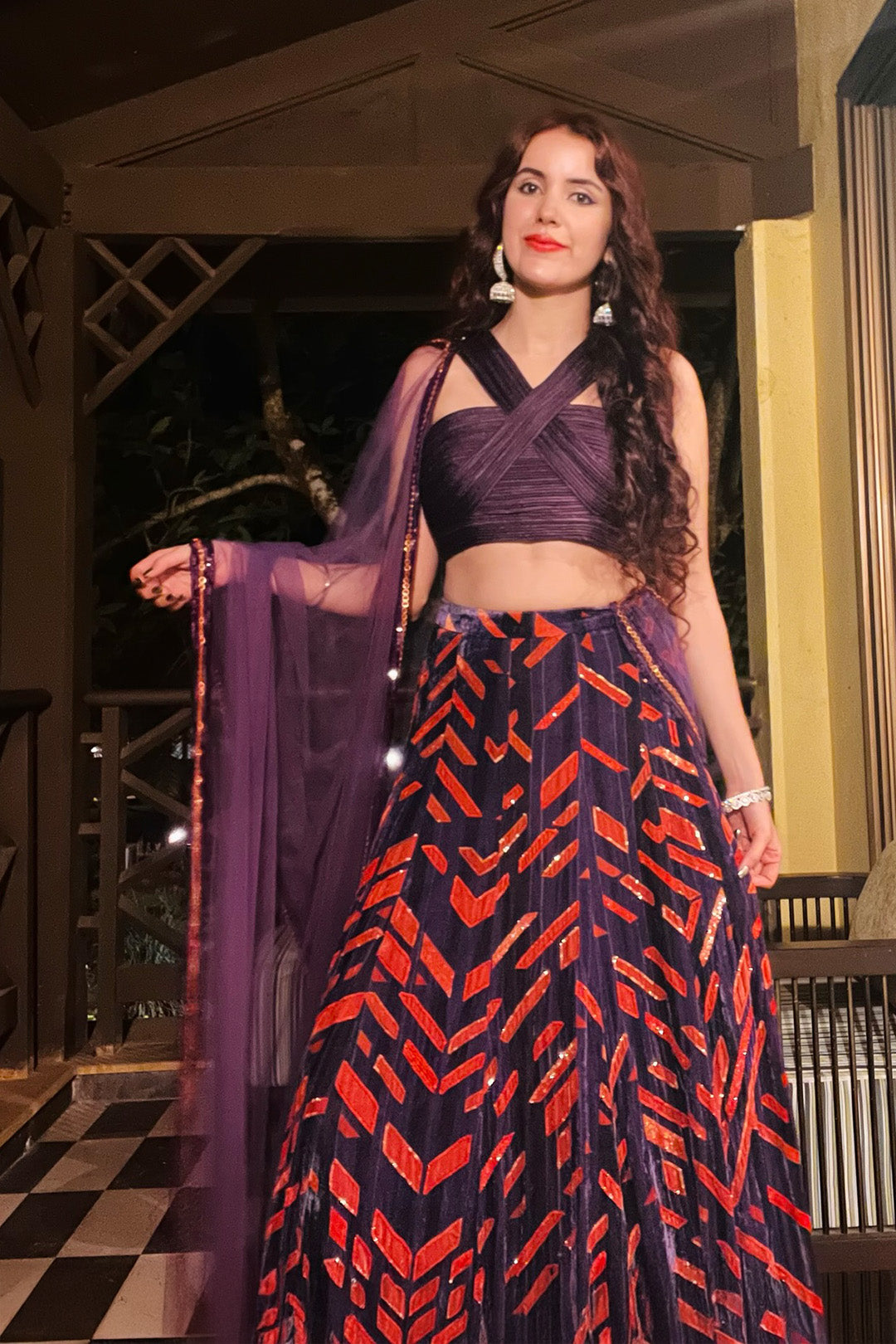 Jasleen Sabrawal in our Violet corded blouse with printed velvet Lehenga and Violet dupatta from Caged Kaleidoscope Collection
