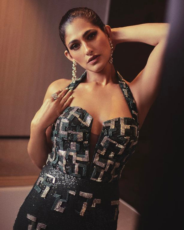 Kubbra Seth in our Emerald Halter Neck Sequenced Gown with Plunge Neck & Back Slit from Matrix Collection