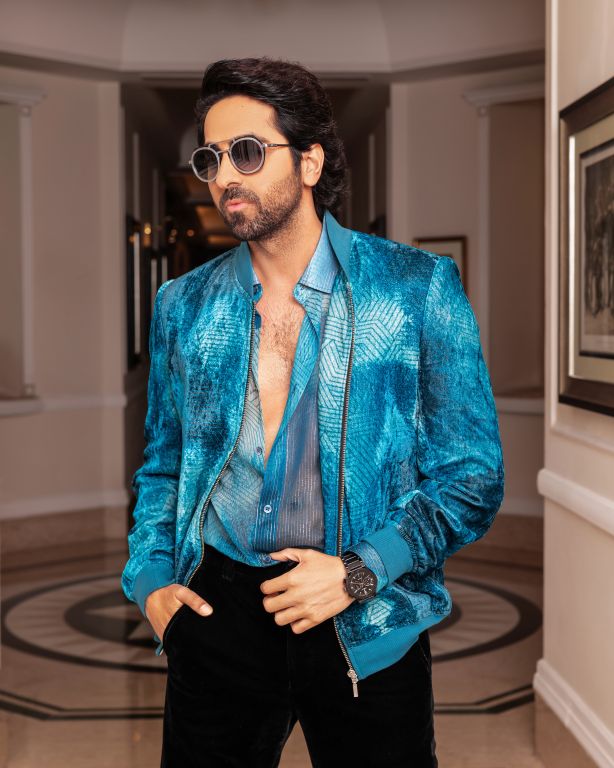 Ayushmann Khurrana in Our Jade Blue Printed Lurex Shirt and Jade Blue Printed Velvet Bomber Jacket from Our Matrix Collection