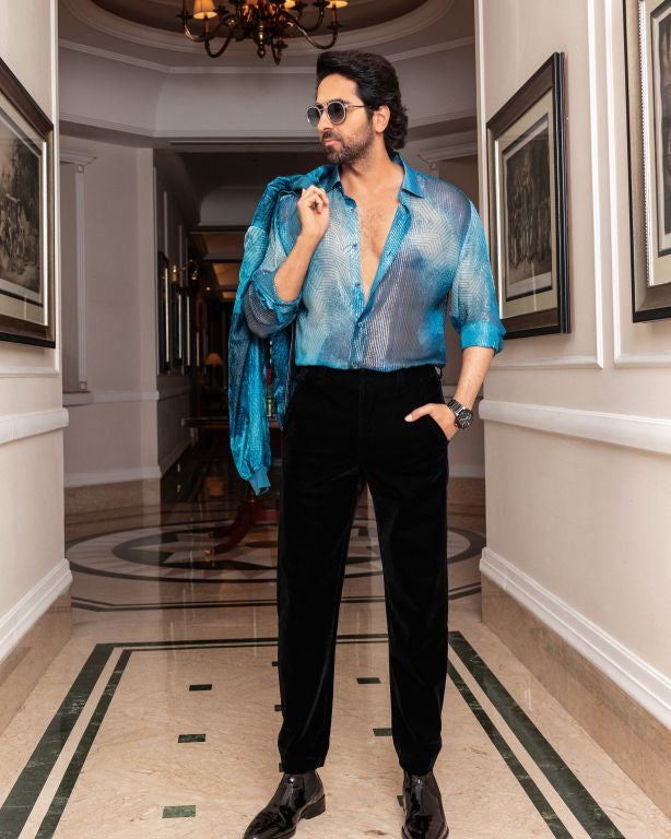 Ayushmann Khurrana in Our Jade Blue Printed Lurex Shirt and Jade Blue Printed Velvet Bomber Jacket from Our Matrix Collection
