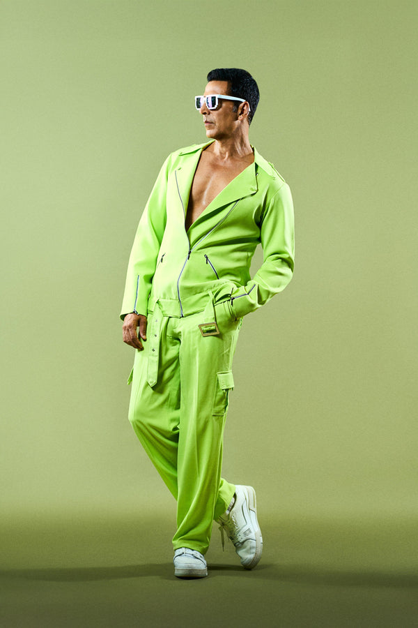 Akshay Kumar in our Lime Green Jacket with Belt and Lime Green Baggy Pants with Pocket detailing from Magical Wilderness Collection