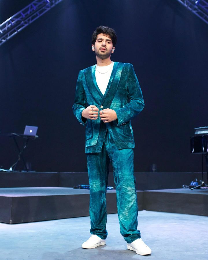Armaan Malik in our Jade Blue Blotched Print Velvet Blazer with Detailing & Velvet Pants from Matrix