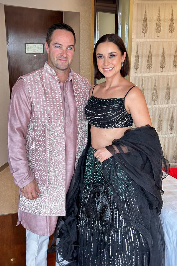 Carmen Boucher in our Embriodered Lehenga Blouse Set with Ruffle Dupatta from Matrix