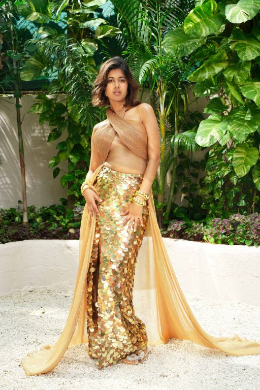 Sejal Kumar In our Tan Lurex Corded Crisscross Beachwear with attached Sarong and Long Sequin Skirt with Slit from Anicenne Collection