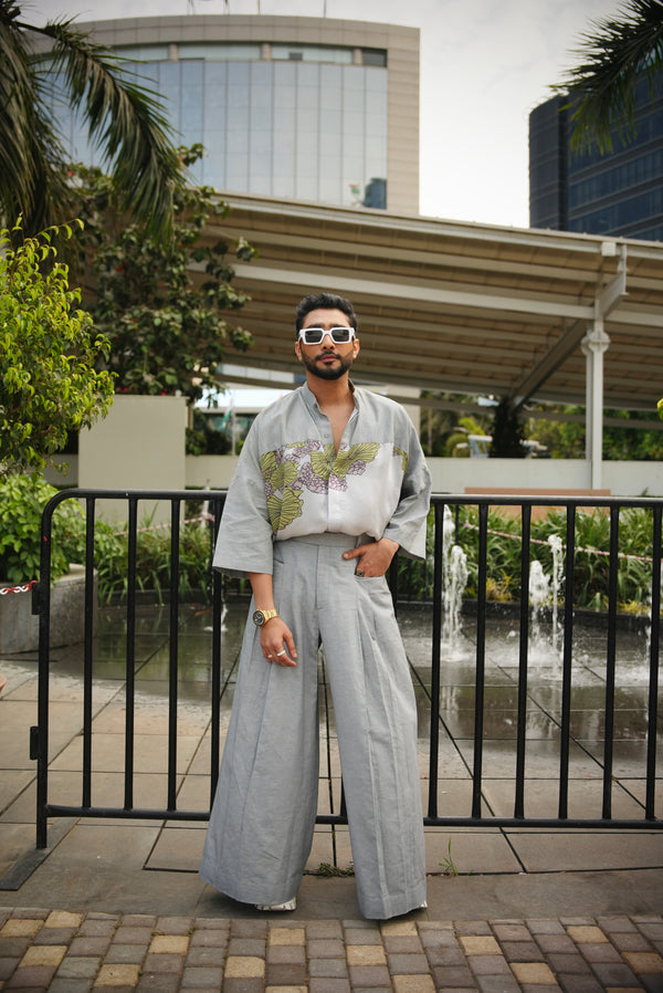 Zaid Darbar in our Printed Oversized Drop Shoulder Shirt with Wide leg pleated pants from Ekatra