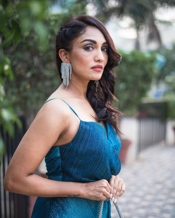 Shirma Rai in our Jade Blue Blotched Printed Lurex Gown With Cowl Draping from Matrix Collection