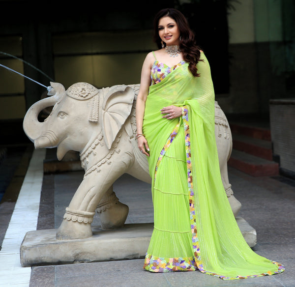 Bhagyashree in our Neon Hand Embroidered Blouse and Pre-Draped Saree with Cording detailing from Magical Wilderness