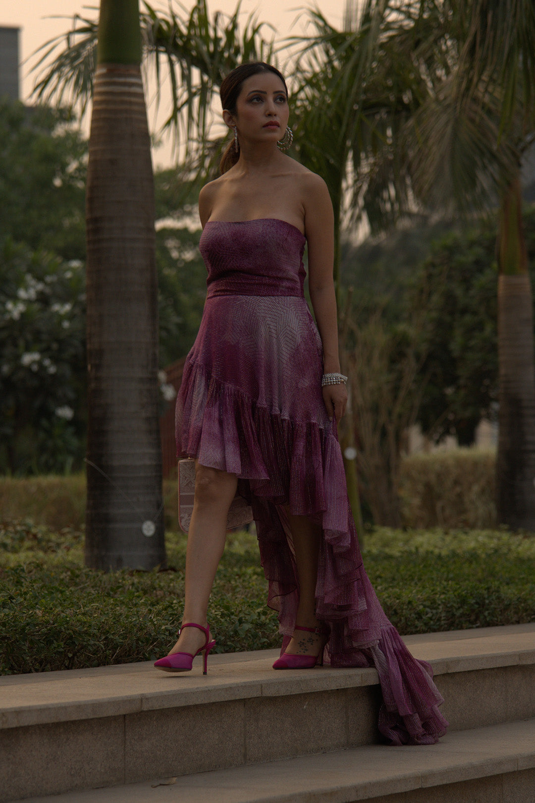 Debashree Biswa in our Ruby Printed Lurex Asymmetrical Ruffle Dress from Matrix Collection