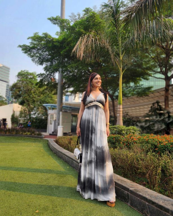 Devangi in our Landscape Printed Slip Dress with V-Neck and Hand Embriodery from Matrix Collection