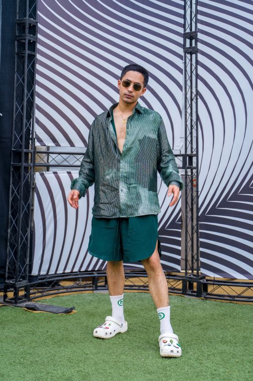 Parakram Rana in Emerald Lurex Blotch Printed Shirt with Lining Paired with Emerald Shorts with Drawstring from Matrix Collection