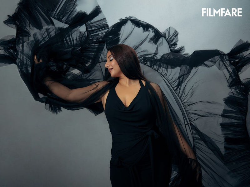 Vidya Balan in Nirmooha's Bespoke Carbon Net Ruffle Cape for the Filmfare Cover Shoot