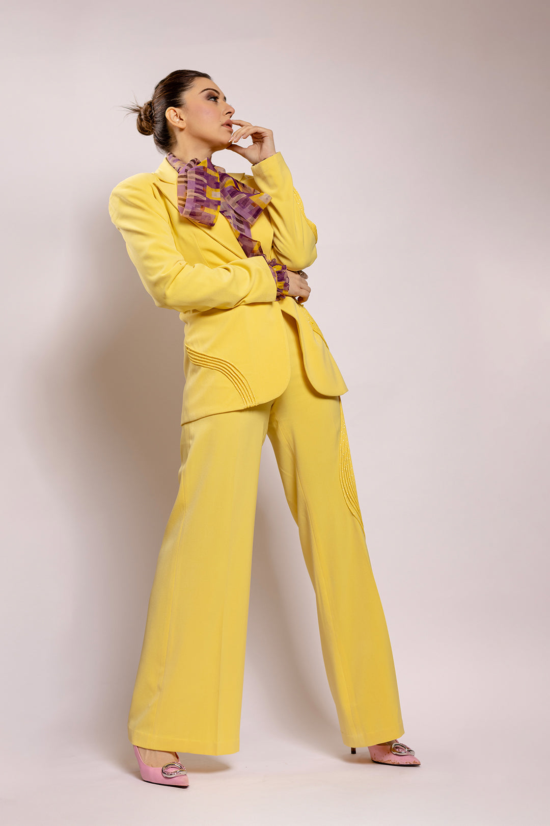 Hansika Motwani in Nirmooha's Lemon Yellow Blazer with Cording Detailing Suit and Geometric Printed Organza Tie Up Top with ruffle detailing from Magical Wilderness Collection