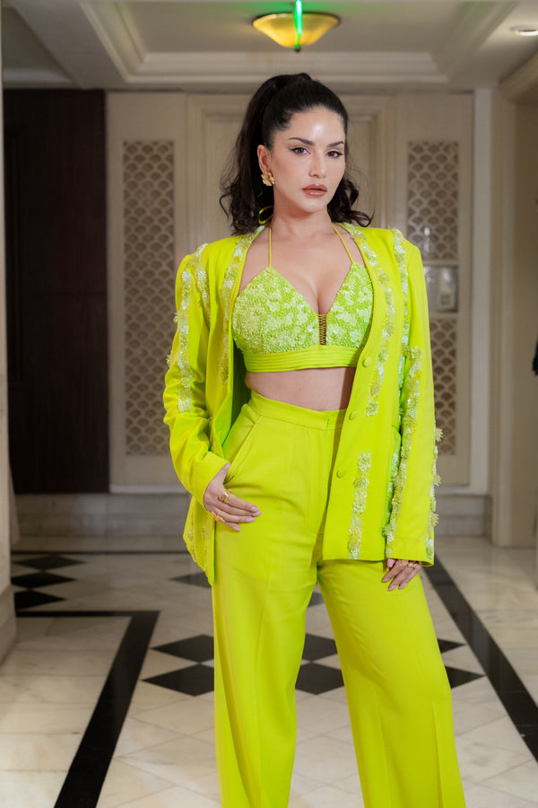 Sunny Leone in our Lime Green Hand-Embroidered Blazer Set from Magical Wilderness