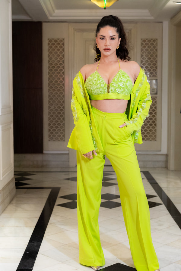 Sunny Leone in our Lime Green Hand-Embroidered Blazer Set from Magical Wilderness